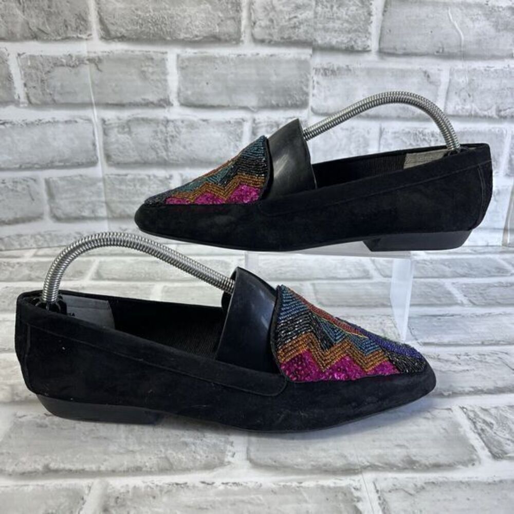 Beverly Feldman Black Suede Loafer Flats Embellished Sequin Beads Women's 10